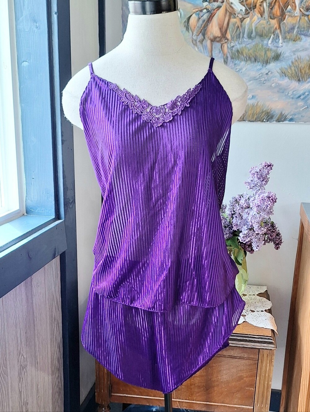 Nancy King Vintage Purple Satin Pinstriped Camisole Lingerie Short Set, Small